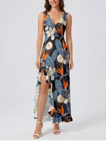 Tropical Leaf Flower Print Hawaii Ruffles Split Dress - LIGHT BLUE - XS