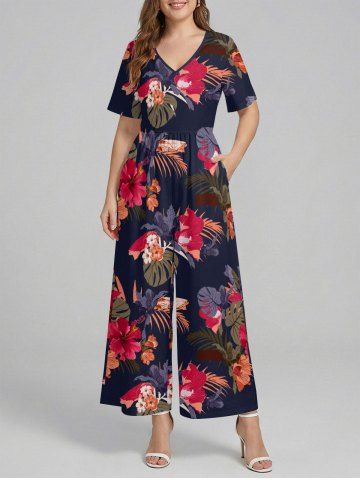 Tropical Leaf Hibiscus Flower Print Hawaii Pocket Wide Leg Jumpsuit - NAVY BLUE - 2XL