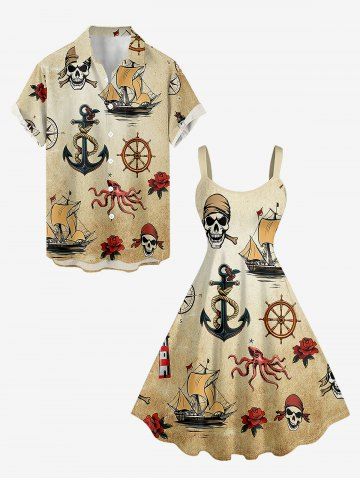 Skull Pirate Flower Ship Rudder Anchor Octopus Print Plus Size Matching Hawaii Beach Outfit For Couples