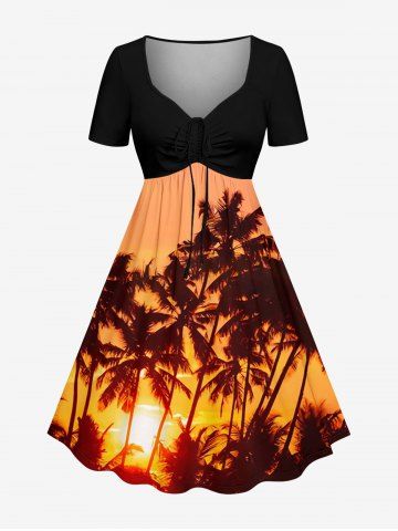 Robe hawaïenne grande taille à imprimé cocotier et soleil, cintrée - DARK ORANGE - L