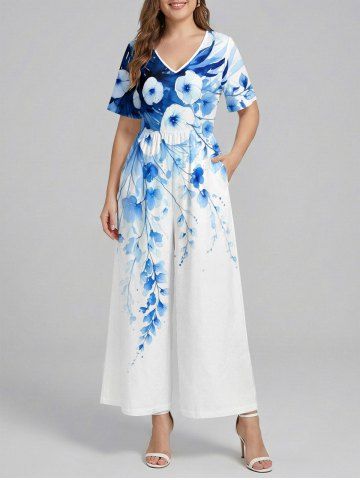 Combinaison hawaïenne à imprimé fleurs et feuilles, col en V et jambes larges - BLUE - M