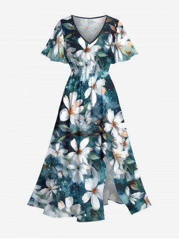 Robe mi-longue hawaïenne fendue à imprimé aquarelle fleurs et feuilles grande taille - PEACOCK BLUE - 1X