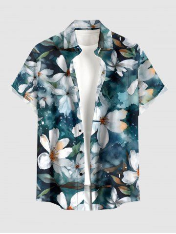 Chemise hawaïenne grande taille pour homme, à imprimé aquarelle de fleurs et de feuilles, boutons et poche. - PEACOCK BLUE - 6XL