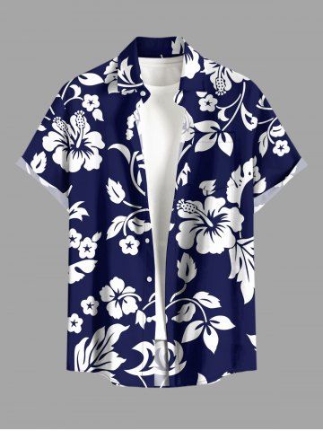 Chemise hawaïenne grande taille pour homme, à imprimé feuilles d'hibiscus, boutons et poche. - BLUE - 4XL