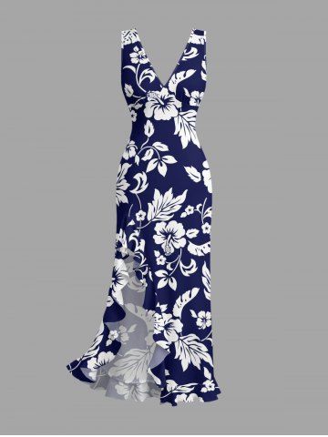 Hibiscus Flowers Leaf Print Hawaii Ruffles Split Surplice Dress - DEEP BLUE - S