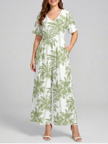Coconut Tree Print V Neck Hawaii Wide Leg Jumpsuit - LIGHT GREEN - L