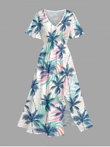 Robe mi-longue hawaïenne fendue à imprimé tropical coloré avec cocotiers et feuilles de cocotiers (grande taille) - DEEP BLUE - 3X