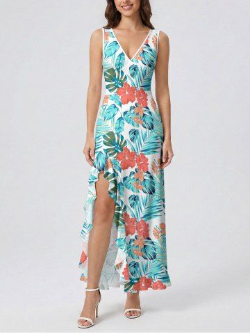 Robe hawaïenne à volants, fente et décolleté cache-cœur, imprimée de feuilles tropicales et de fleurs d'hibiscus - TURQUOISE - M