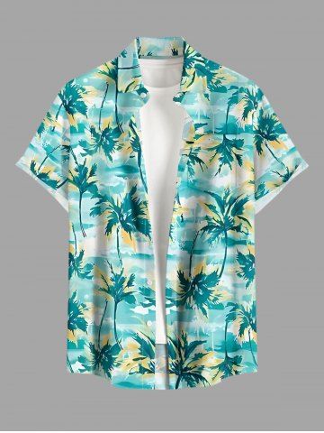 Chemise hawaïenne grande taille pour homme, imprimée cocotiers, boutons et poche, style peinture à l'huile. - GREEN - 6XL