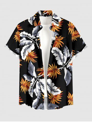 Chemise hawaïenne grande taille à imprimé feuilles tropicales, boutons et poches pour homme - BLACK - L