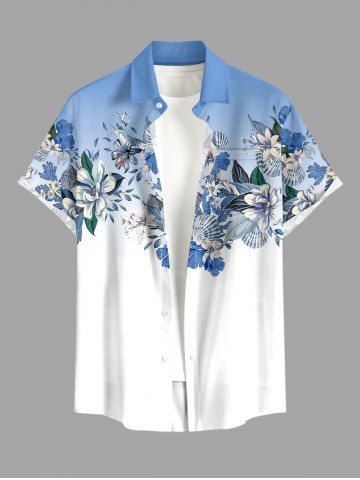 Chemise hawaïenne grande taille pour homme, à imprimé floral et feuilles ombré, boutons et poche. - SKY BLUE - S