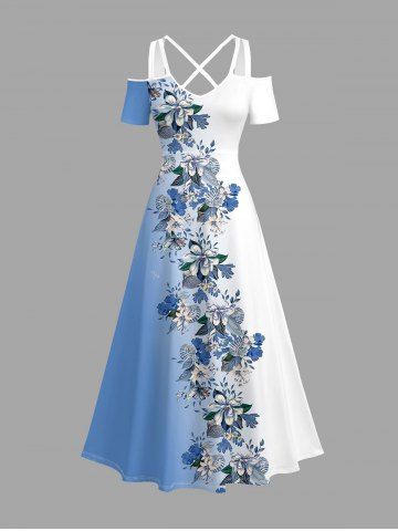 Robe longue hawaïenne à imprimé floral ombré et colorblock grande taille, épaules dénudées et croisée, style dégradé. - SKY BLUE - L