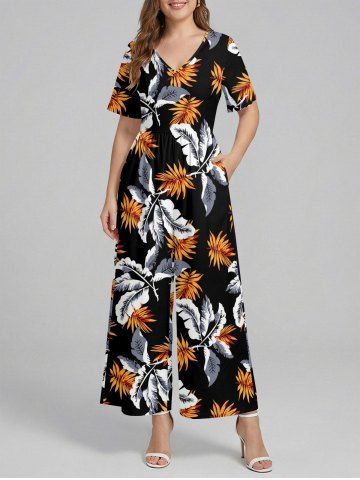 Combinaison hawaïenne à imprimé de feuilles tropicales, col en V et jambes larges - BLACK - XS