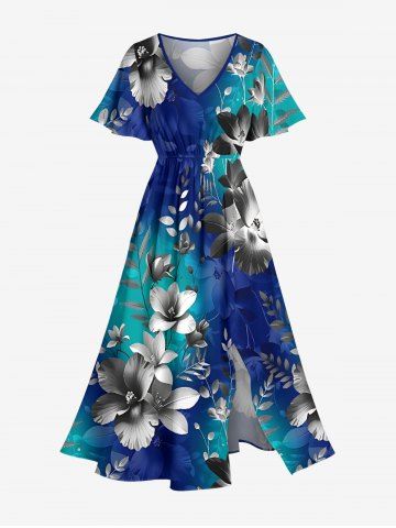 Plus Size Ombre Flower Leaf Branch Print Hawaii Split Pocket A Line Midi Dress - NAVY BLUE - XXS