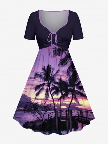 Plus Size Coconut Tree Seascape Ombre Sky Print Hawaii Cinched A Line Dress - CONCORD - XS