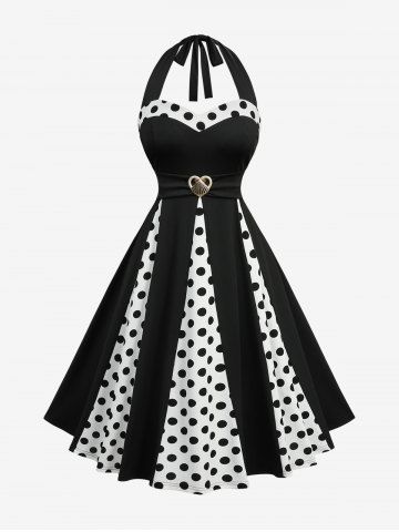 Polka Dots Print Heart Shell Buckle Halter Vintage Dress - BLACK - 5X | US 30-32