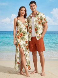 Hibiscus Flowers Tropical Leaf Print Matching Hawaii Beach Outfit For Couples -  