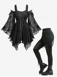 Star Embroidery Lace Up Cold Shoulder Blouse and Skulls Hollow Out Fish Net Leggings - Noir 