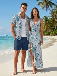 Flowers Leaf Print Matching Hawaii Beach Outfit For Couples -  