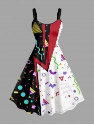 Plus Size Geometric Pattern Colorblock Print Hawaii Tank Dress -  