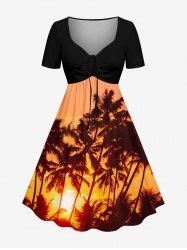 Plus Size Coconut Tree Sun Print Cinched Hawaii Dress -  