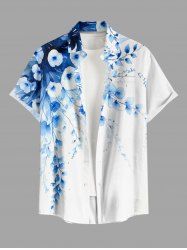 Chemise hawaïenne grande taille à imprimé floral et feuilles, boutons et poche pour homme - Bleu 2XL