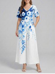 Combinaison hawaïenne à imprimé fleurs et feuilles, col en V et jambes larges - Bleu XS