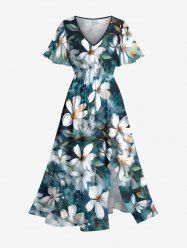 Flowers Leaf Watercolor Print Split Hawaii Midi Dress -  