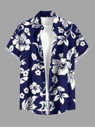 Chemise hawaïenne grande taille pour homme, à imprimé feuilles d'hibiscus, boutons et poche. - Bleu S