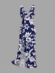 Robe hawaïenne à imprimé feuilles et fleurs d'hibiscus, volants et fente cache-cœur - Bleu profond S