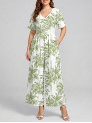 Coconut Tree Print V Neck Hawaii Wide Leg Jumpsuit -  