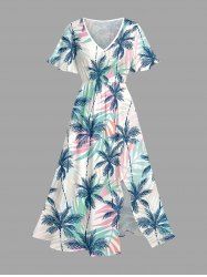 Robe mi-longue hawaïenne fendue à imprimé tropical coloré avec cocotiers et feuilles de cocotiers (grande taille) - Bleu profond 3X