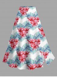 Jupe hawaïenne fendue à imprimé de feuilles tropicales et fleurs d'hibiscus grande taille - Rose Vif XS