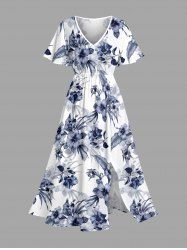 Robe mi-longue hawaïenne fendue à imprimé de fleurs d'hibiscus et de feuilles, grande taille - Cadetblue 5X