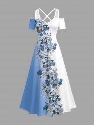 Robe longue hawaïenne à imprimé floral ombré et colorblock grande taille, épaules dénudées et croisée, style dégradé. - Bleu Ciel XS