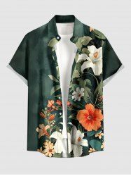 Plus Size Hibiscus Flower Leaf Branch Print Hawaii Button Pocket Shirt For Men -  