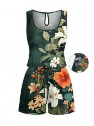 Plus Size Hibiscus Flower Leaf Branch Print Hawaii Drawstring Pocket Romper - Vert profond M