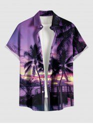 Coconut Tree Seascape Ombre Sky Print Hawaii Button Pocket Shirt For Men -  
