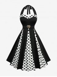 Polka Dots Print Heart Shell Buckle Halter Vintage Dress -  