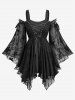 Star Embroidery Lace Up Cold Shoulder Blouse and Skulls Hollow Out Fish Net Leggings - Noir 