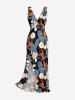 Tropical Leaf Flower Print Hawaii Ruffles Split Dress -  