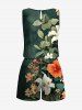 Plus Size Hibiscus Flower Leaf Branch Print Hawaii Drawstring Pocket Romper - Vert profond M