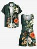 Plus Size Hibiscus Flower Leaf Branch Print Hawaii Drawstring Pocket Romper - Vert profond M
