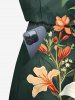 Plus Size Hibiscus Flower Leaf Branch Print Hawaii Drawstring Pocket Romper - Vert profond M