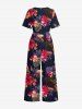 Tropical Leaf Hibiscus Flower Print Hawaii Pocket Wide Leg Jumpsuit -  
