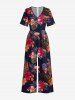 Tropical Leaf Hibiscus Flower Print Hawaii Pocket Wide Leg Jumpsuit -  