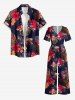 Tropical Leaf Hibiscus Flower Print Hawaii Pocket Wide Leg Jumpsuit -  