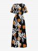 Tropical Leaf Print V Neck Hawaii Wide Leg Jumpsuit -  