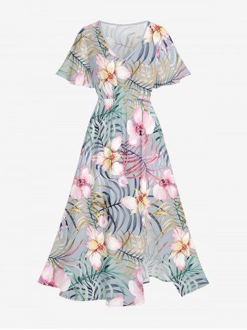 Robe midi hawaïenne fendue à imprimé floral tropical grande taille - DARK GRAY - M