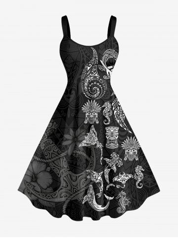 Masque grande taille Poisson Papillon Hippocampe Imprimé ethnique Robe débardeur hawaïenne - BLACK - 3X